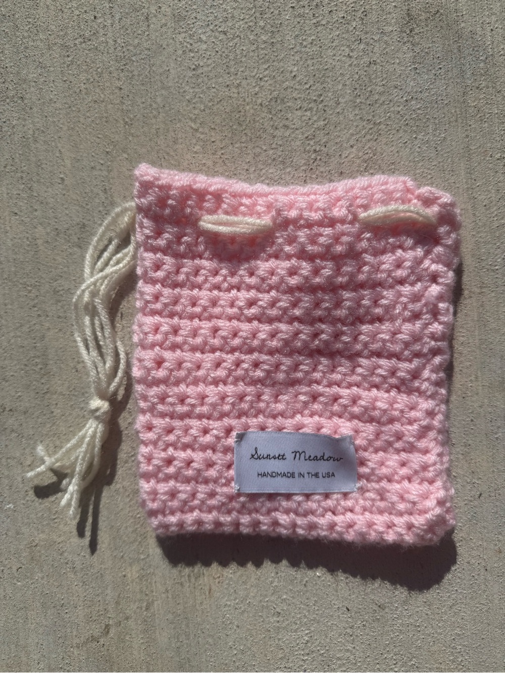 Kids Pink Crochet Drawstring Pouch
